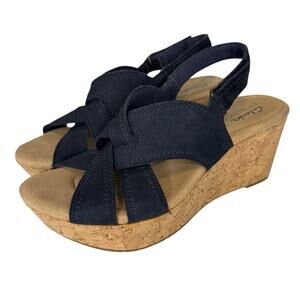 Clarks Rose Erin Wedge Sandals Women Size 7M Navy Nubuck Leather Cork Heel